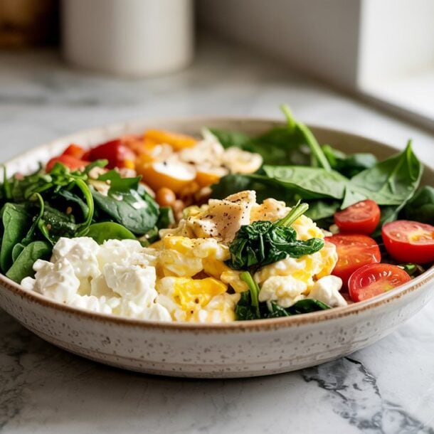 A protein bowl of fresh salad sits on a marble countertop with spinach leaves, halved cherry tomatoes, yellow bell pepper, cottage cheese, and scrambled eggs, all topped with black pepper. Natural light streams in from a nearby window.