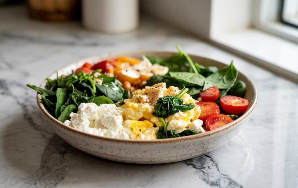 A protein bowl of fresh salad sits on a marble countertop with spinach leaves, halved cherry tomatoes, yellow bell pepper, cottage cheese, and scrambled eggs, all topped with black pepper. Natural light streams in from a nearby window.