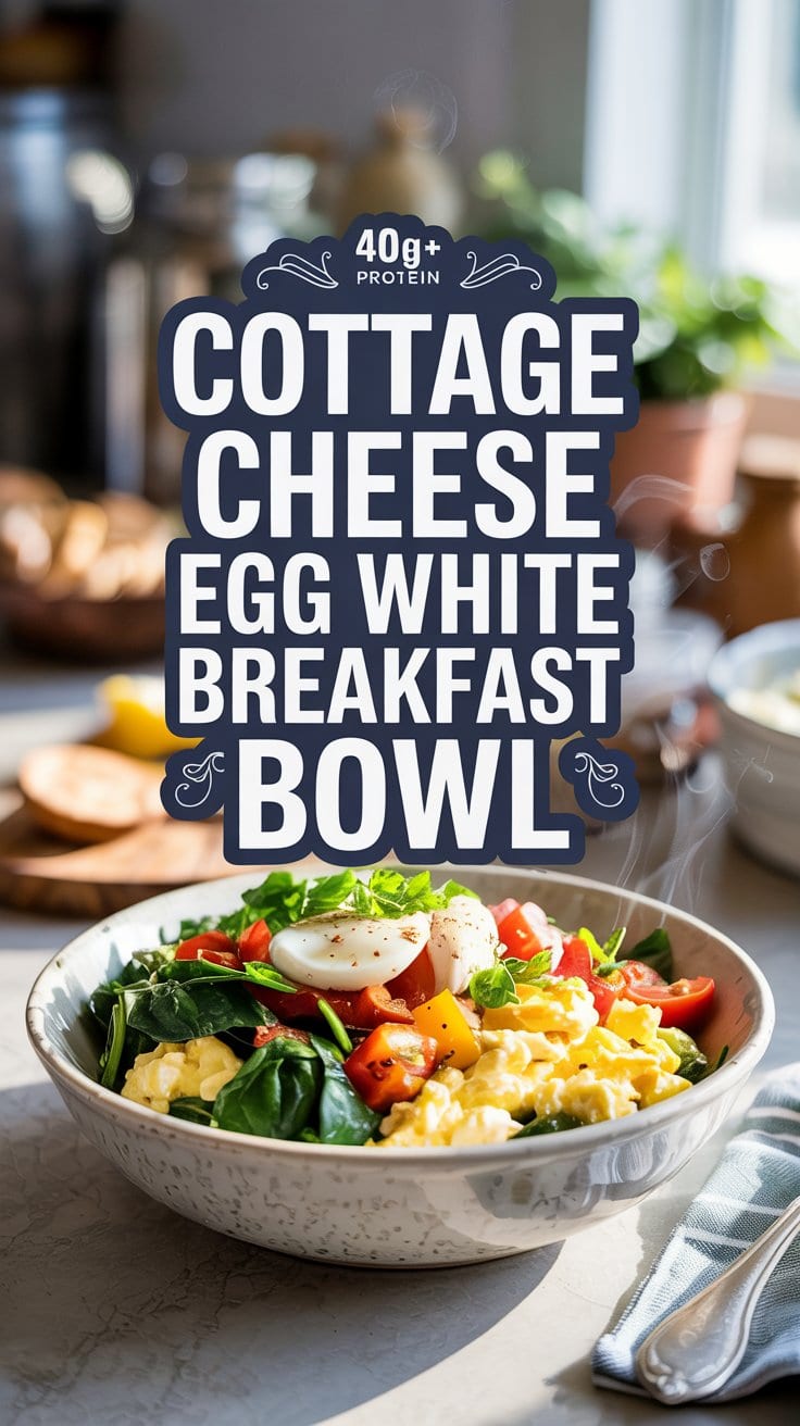 A steaming Protein Bowl filled with scrambled egg whites, cottage cheese, spinach, and diced tomatoes sits on the counter, topped with text that reads 40g+ protein Cottage Cheese Egg White Breakfast Bowl.
