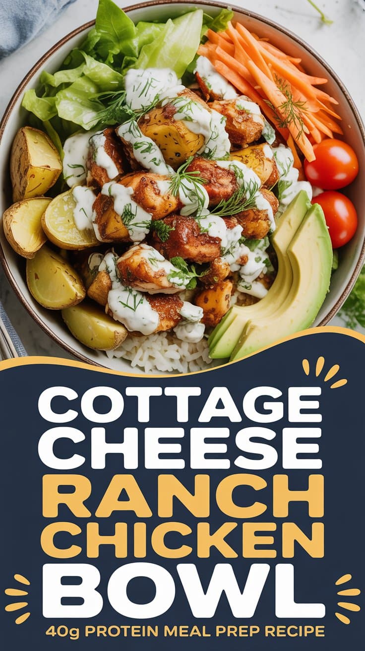 A flavorful Protein Bowl featuring ranch chicken, cottage cheese, avocado, cherry tomatoes, carrot sticks, lettuce, roasted potatoes, and rice. Text below reads: “Cottage Cheese Ranch Chicken Bowl - 40g protein meal prep recipe.”.