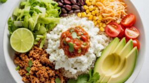 A colorful protein bowl perfect for meal prep, with lettuce, black beans, corn, shredded cheese, cherry tomatoes, avocado slices, ground meat, rice, cottage cheese crumbles, salsa, a lime wedge, and cilantro arranged neatly in sections.