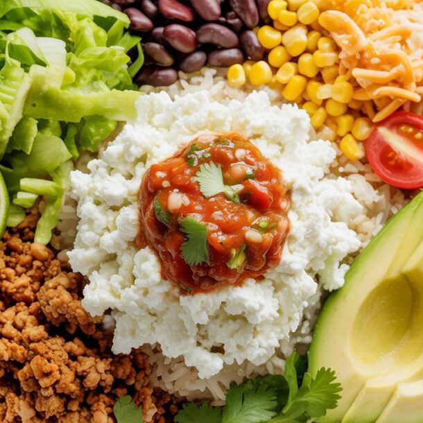 A colorful protein bowl perfect for meal prep, with lettuce, black beans, corn, shredded cheese, cherry tomatoes, avocado slices, ground meat, rice, cottage cheese crumbles, salsa, a lime wedge, and cilantro arranged neatly in sections.
