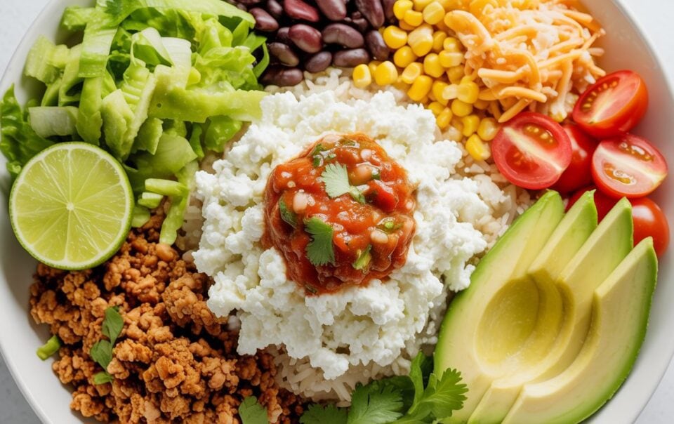 A colorful protein bowl perfect for meal prep, with lettuce, black beans, corn, shredded cheese, cherry tomatoes, avocado slices, ground meat, rice, cottage cheese crumbles, salsa, a lime wedge, and cilantro arranged neatly in sections.