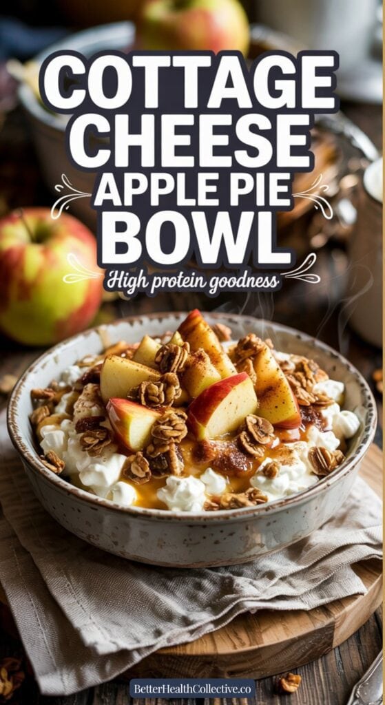 Looking for a healthy, high protein dessert recipe? This cottage cheese apple pie bowl tastes like warm apple pie over cheesecake — but it’s high-protein and easy to make! Creamy cottage cheese, cinnamon apples, and crunchy topping make the perfect cozy dessert or snack. Save this recipe!