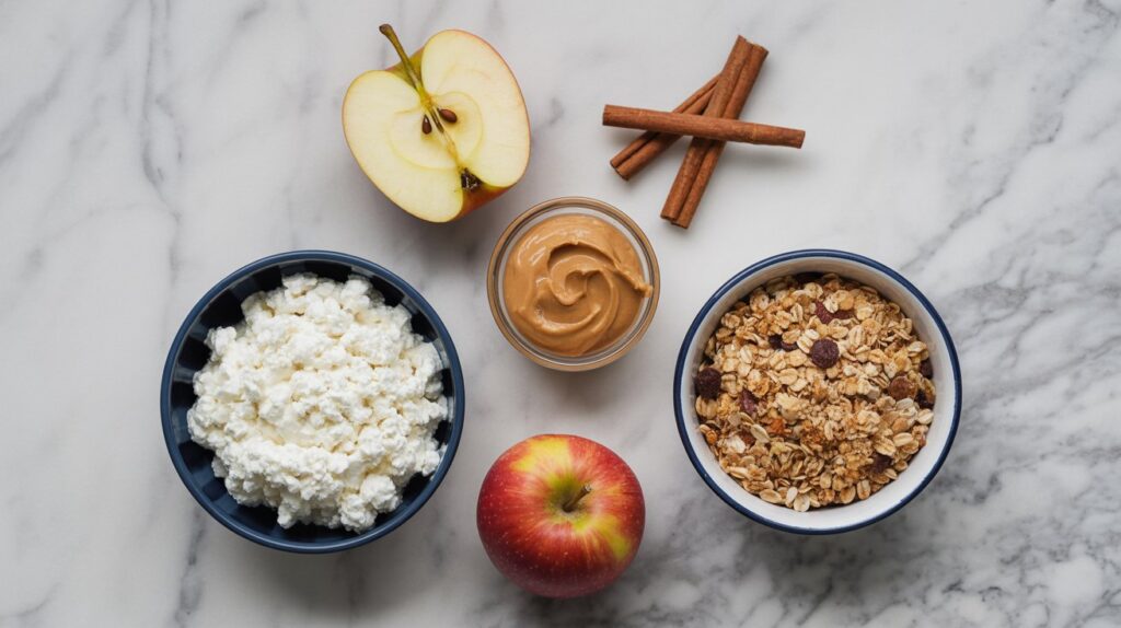 A flat lay of a Cottage Cheese Snack featuring granola with raisins, a whole apple, a halved apple, a jar of peanut butter, and two cinnamon sticks on a marble surface—perfect for a high-protein breakfast or Apple Peanut Butter Bowl.