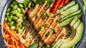 A vibrant Vegan Protein Bowl featuring quinoa, edamame, spinach, fresh veggies, avocado, and crispy tofu glazed to perfection—all topped with creamy sauce, green onions, and sesame seeds. Ideal for high-protein meal prep.