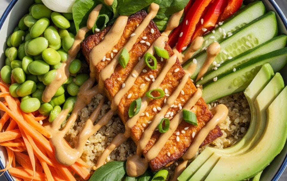 A vibrant Vegan Protein Bowl featuring quinoa, edamame, spinach, fresh veggies, avocado, and crispy tofu glazed to perfection—all topped with creamy sauce, green onions, and sesame seeds. Ideal for high-protein meal prep.