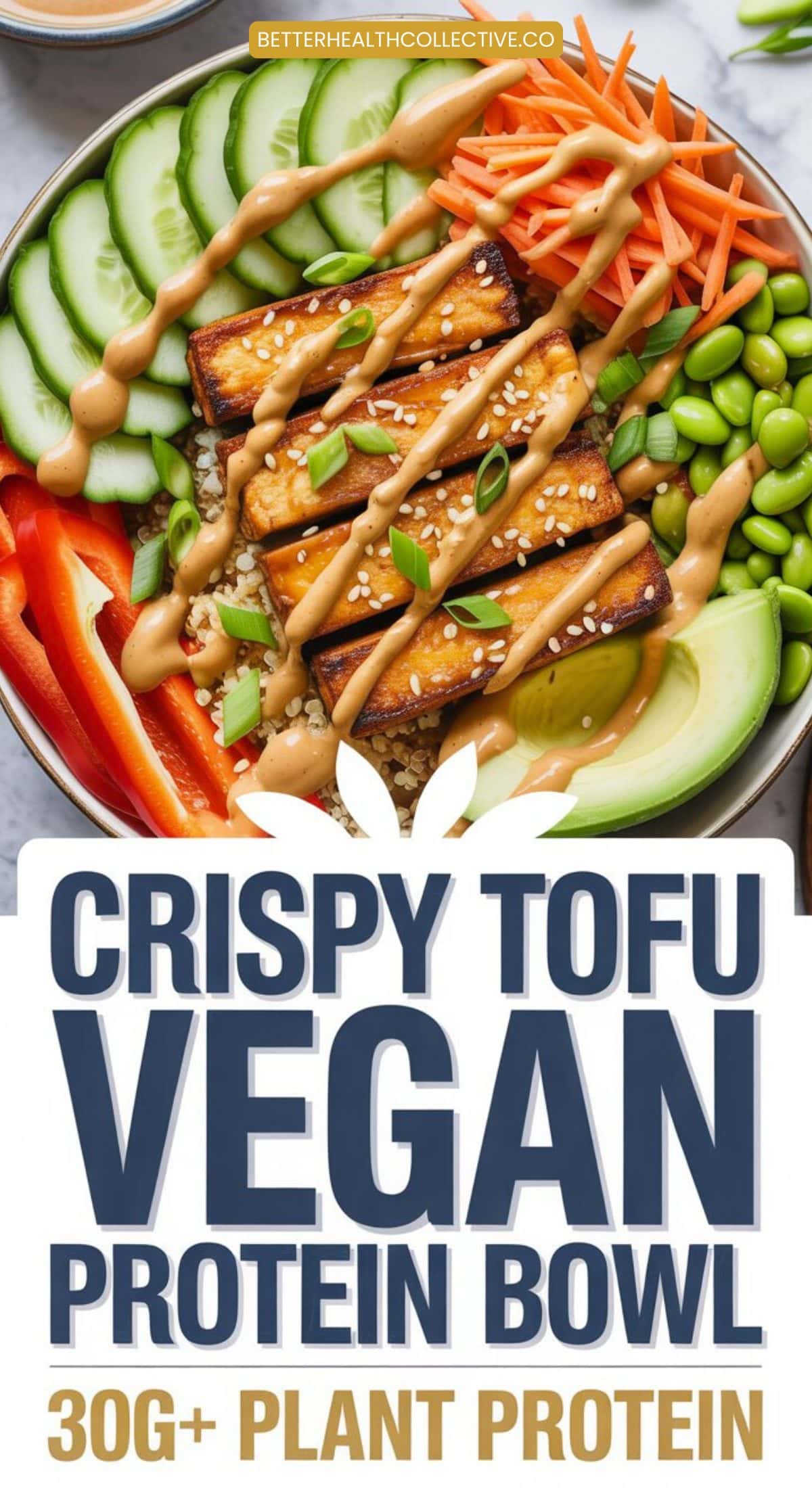 A vibrant Vegan Protein Bowl featuring crispy tofu, cucumber, red bell pepper, carrots, edamame, and brown rice—all topped with a creamy dressing and sesame seeds. Text reads: Crispy Tofu Vegan Protein Bowl—30g+ Plant Protein.