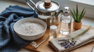 A wooden tray holds a bowl of bath salts, small bottles of liquid including magnesium spray, a kettle, a sprig of lavender, a rolled towel, and a small potted aloe plant, all arranged neatly beside a blue cloth to help relax your body.