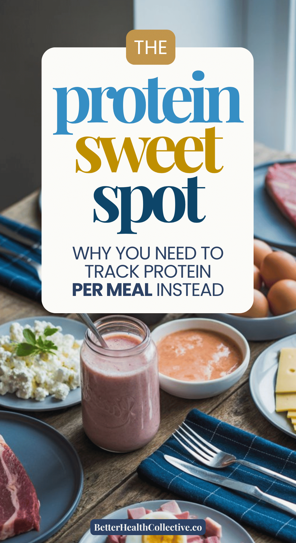 A table set with plates of protein-rich foods like cottage cheese, sliced meat, eggs, and a pink smoothie. Text overlay reads: The protein sweet spot—how much protein should you eat per meal? BetterHealthCollective.co.