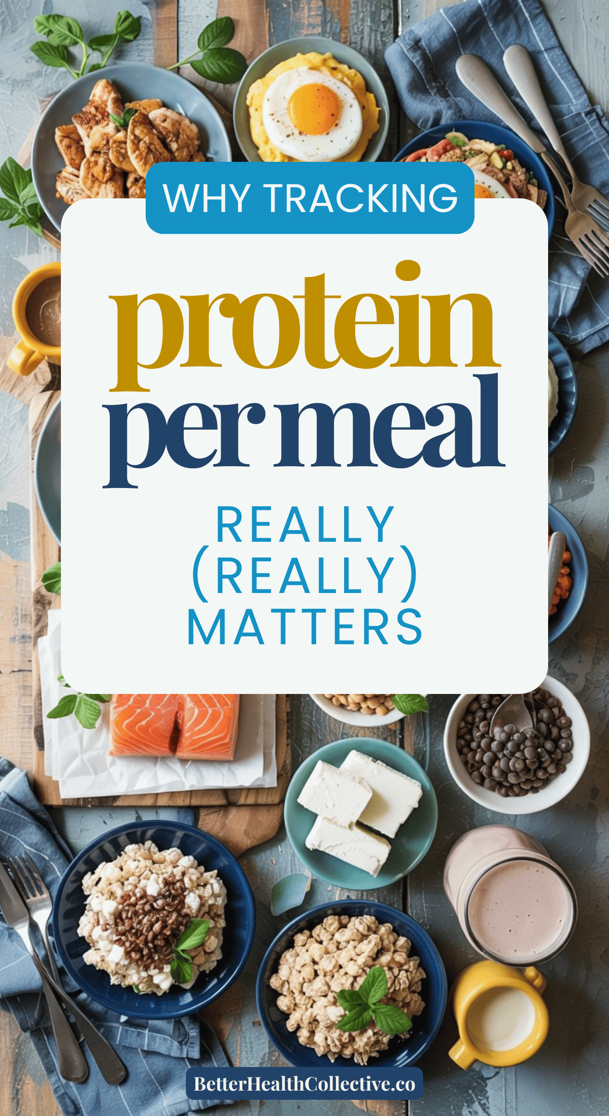 A flat lay of protein-rich foods like salmon, eggs, chicken, beans, rice, and cheese with text overlay: “Why tracking how much protein you should eat per meal really (really) matters.” Photo by BetterHealthCollective.co.