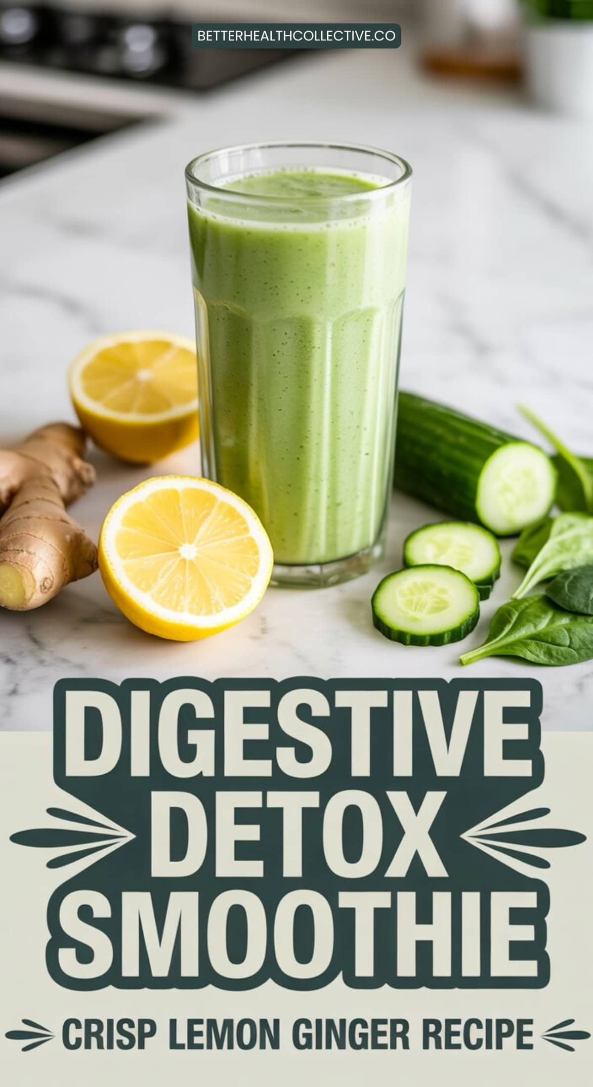 A glass of green smoothie on a marble counter, surrounded by sliced lemon, ginger root, cucumber slices, and spinach leaves. Text on the image reads: Digestive Detox Smoothie - Crisp Lemon Ginger Recipe.