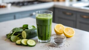 A glass of fat burning green juice sits on a kitchen counter, surrounded by fresh spinach leaves, sliced cucumber, lemon halves, and a small bowl of chia seeds. The background shows a stove and kitchen cabinets.