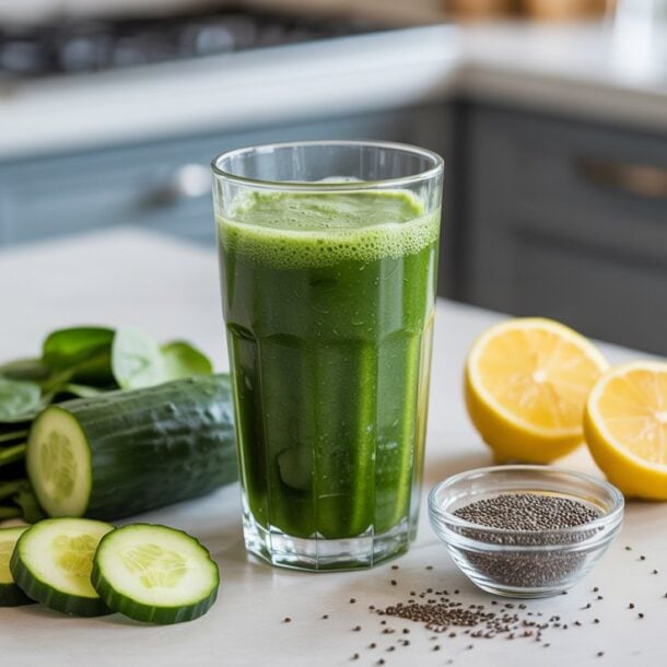 A glass of fat burning green juice sits on a kitchen counter, surrounded by fresh spinach leaves, sliced cucumber, lemon halves, and a small bowl of chia seeds. The background shows a stove and kitchen cabinets.