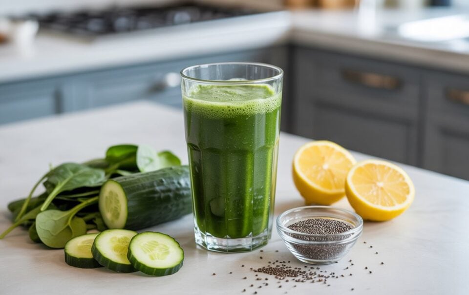 A glass of fat burning green juice sits on a kitchen counter, surrounded by fresh spinach leaves, sliced cucumber, lemon halves, and a small bowl of chia seeds. The background shows a stove and kitchen cabinets.
