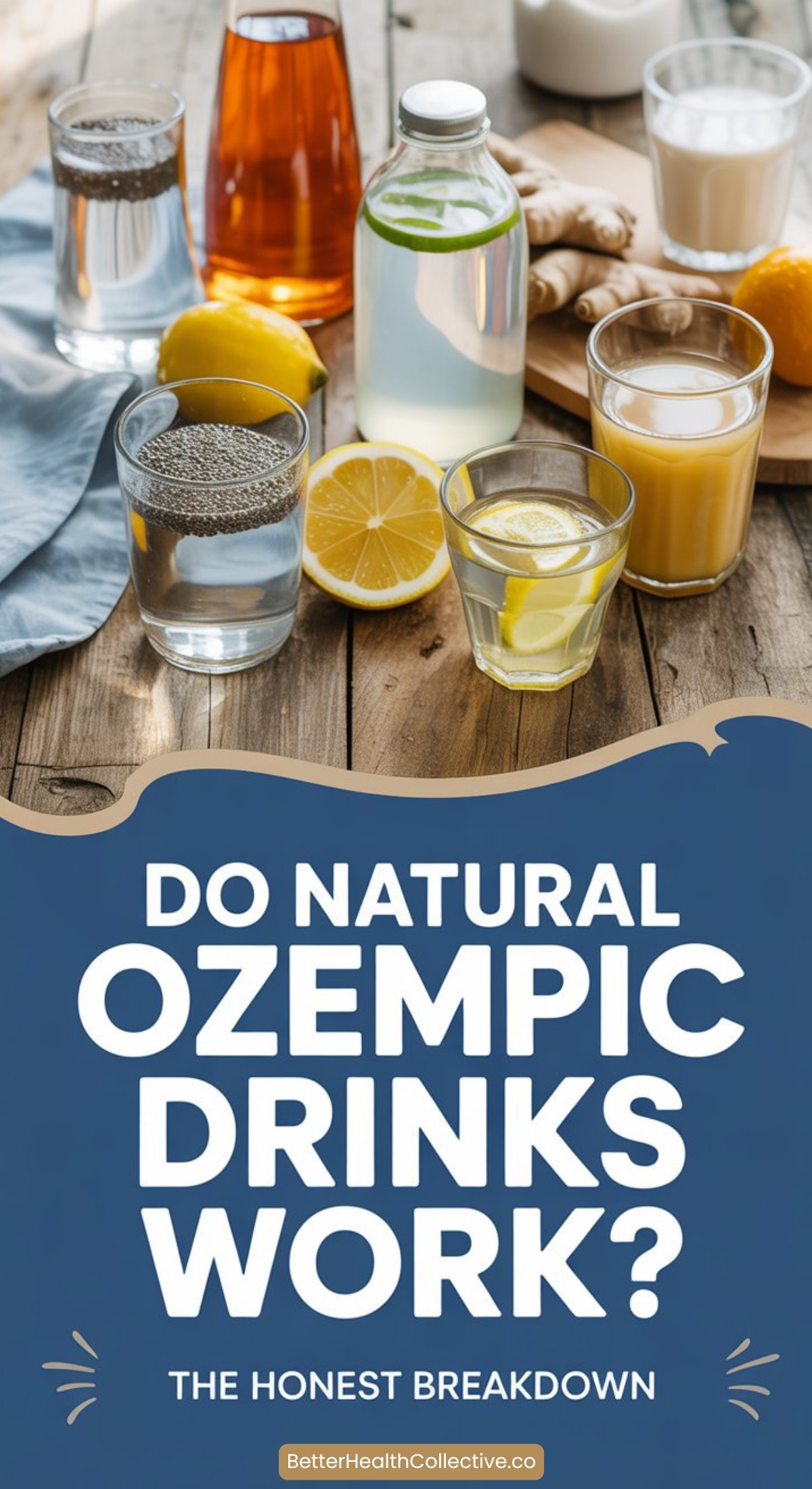 A variety of drinks in glasses and jars, including water, juice, and tea, are arranged on a wooden table with lemons. Text below reads: Do natural Ozempic drinks work? The honest breakdown.