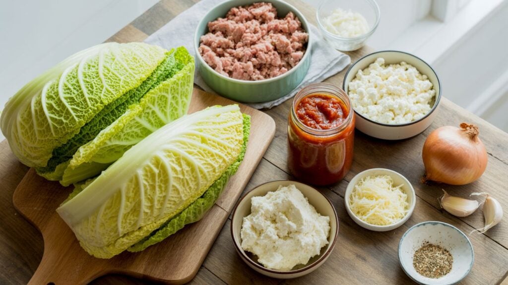 Fresh napa cabbage, ground meat, chopped onions, tomato sauce, ricotta cheese, shredded cheese, and cottage cheese are arranged on a wooden table—ideal for creating a High-Protein Cabbage Taco Casserole that's GLP-1 Friendly.