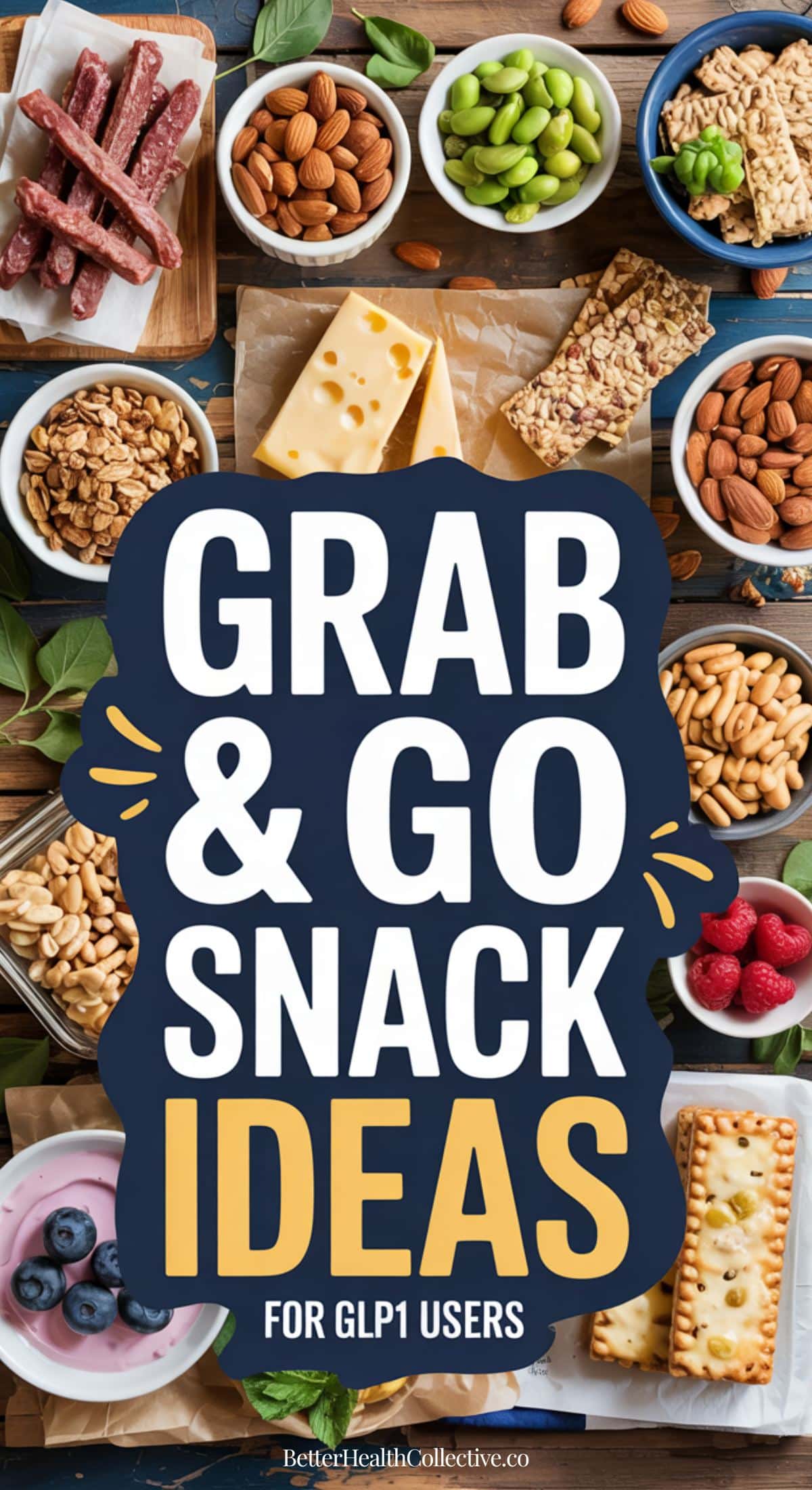An assortment of healthy snacks like cheese, nuts, berries, crackers, and edamame surrounds a sign that reads, Grab & Go Snack Ideas for GLP-1 medications users on a wooden table.
