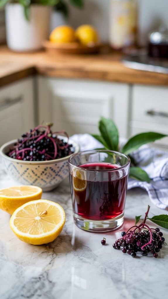 A glass of dark purple elderberry juice, perfect for immunity shots, sits on a marble countertop next to fresh elderberries in a bowl and halved lemons. The background reveals a cozy kitchen with wooden counters and blurred lemons.