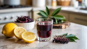 A glass of dark purple elderberry juice sits on a kitchen counter, surrounded by fresh berries, green leaves, and two halved lemons—perfect for immunity shots or adding to your favorite recipe. A white bowl of elderberries and blurred kitchen items are in the background.