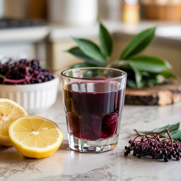 A glass of dark purple elderberry juice sits on a kitchen counter, surrounded by fresh berries, green leaves, and two halved lemons—perfect for immunity shots or adding to your favorite recipe. A white bowl of elderberries and blurred kitchen items are in the background.