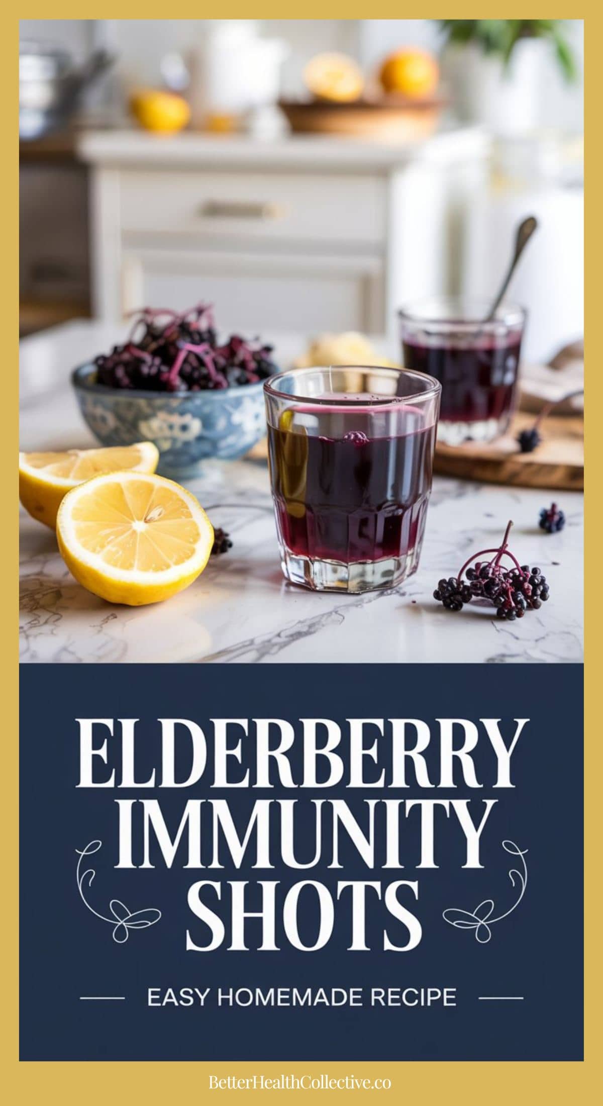 A glass of dark elderberry liquid sits on a marble counter beside lemon slices and a bowl of elderberries. Text below reads: Elderberry Immunity Shots—an easy homemade immunity shot recipe.