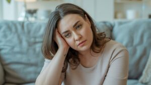 A woman with brown hair sits on a couch, resting her head on her hand and looking pensively at the camera. Tired on Zepbound, she appears thoughtful or concerned, wearing a beige top in a softly lit living room.