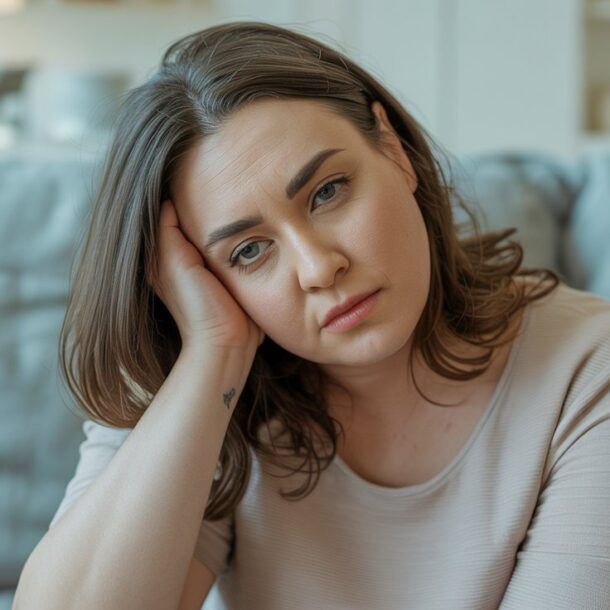 A woman with brown hair sits on a couch, resting her head on her hand and looking pensively at the camera. Tired on Zepbound, she appears thoughtful or concerned, wearing a beige top in a softly lit living room.