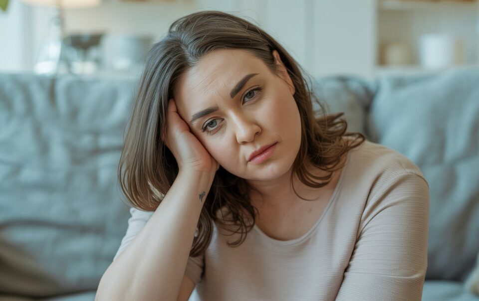 A woman with brown hair sits on a couch, resting her head on her hand and looking pensively at the camera. Tired on Zepbound, she appears thoughtful or concerned, wearing a beige top in a softly lit living room.
