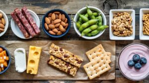A variety of grab-and-go snack ideas on a rustic wooden table, including nuts, granola bars, crackers, cheeses, sliced sausage, edamame, yogurt with blueberries, and diced fruit—all ready to enjoy with no prep.