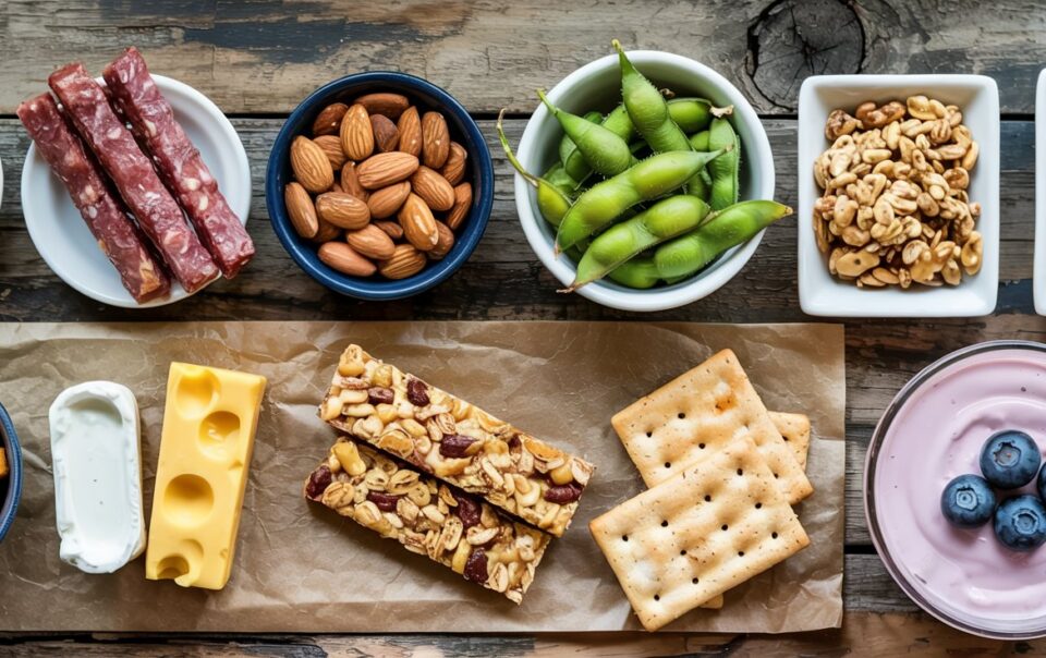 A variety of grab-and-go snack ideas on a rustic wooden table, including nuts, granola bars, crackers, cheeses, sliced sausage, edamame, yogurt with blueberries, and diced fruit—all ready to enjoy with no prep.