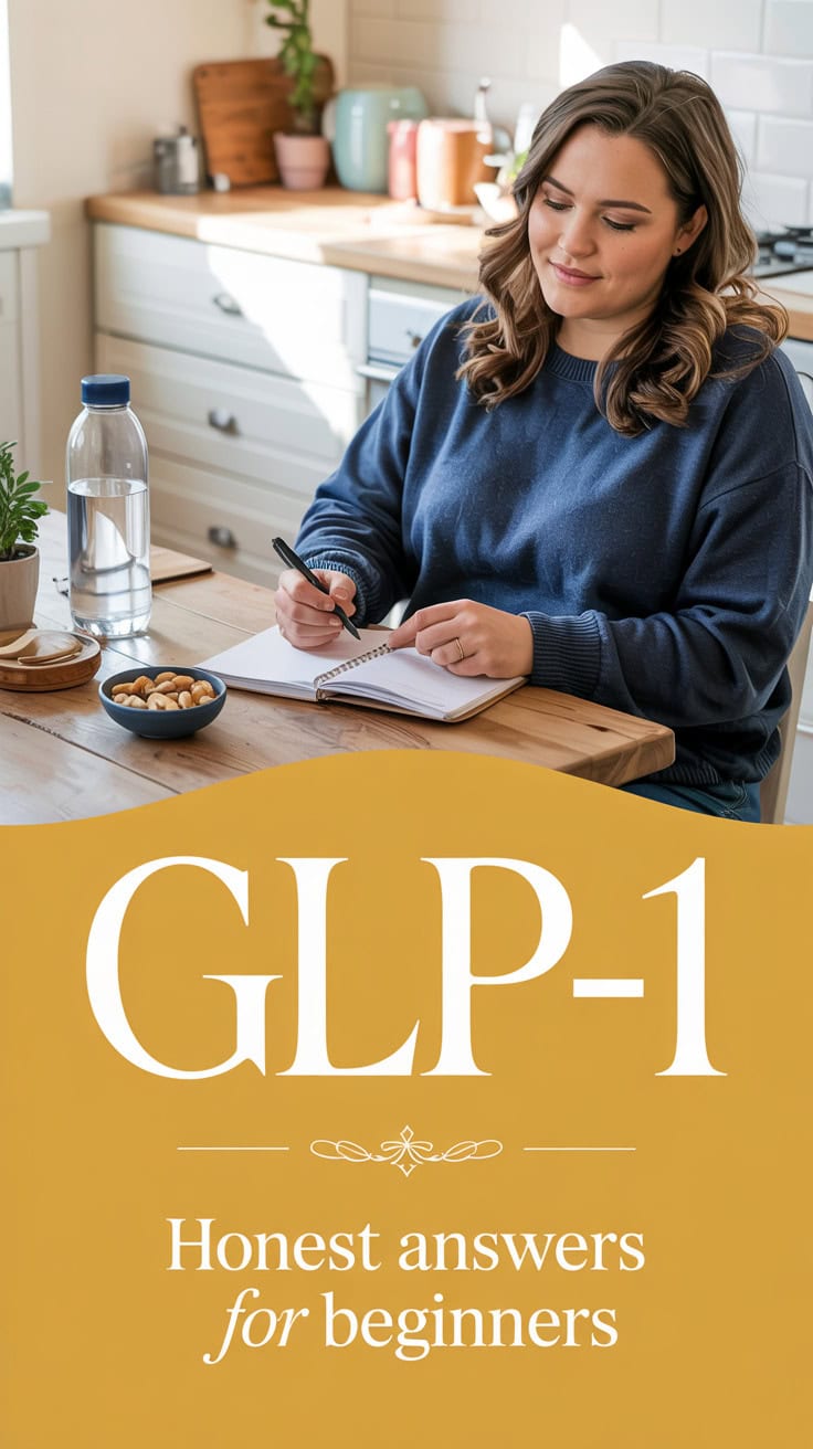 A woman sits at a kitchen table, writing in a notebook with snacks and a water bottle nearby. Text on the image reads: GLP-1 FAQ—honest answers for beginners.