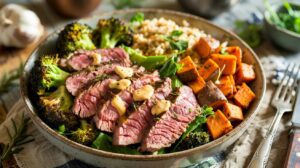 The Steak & Sweet Potato Power Bowl features sliced steak with sauce, roasted broccoli, sweet potato cubes, and grains over fresh greens. A fork and herbs complete the rustic table setting.