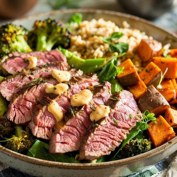 The Steak & Sweet Potato Power Bowl features sliced steak with sauce, roasted broccoli, sweet potato cubes, and grains over fresh greens. A fork and herbs complete the rustic table setting.