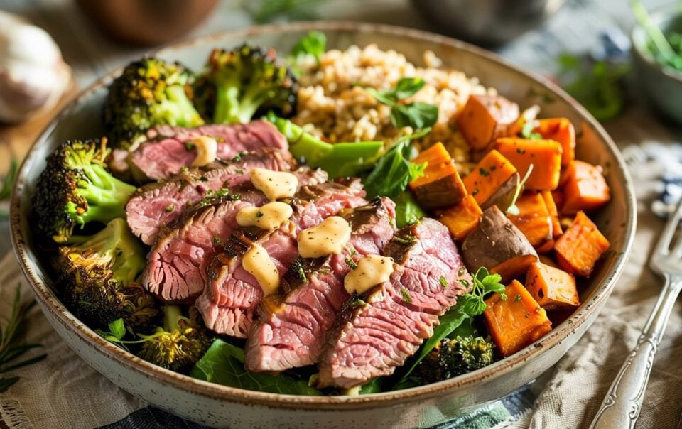 The Steak & Sweet Potato Power Bowl features sliced steak with sauce, roasted broccoli, sweet potato cubes, and grains over fresh greens. A fork and herbs complete the rustic table setting.