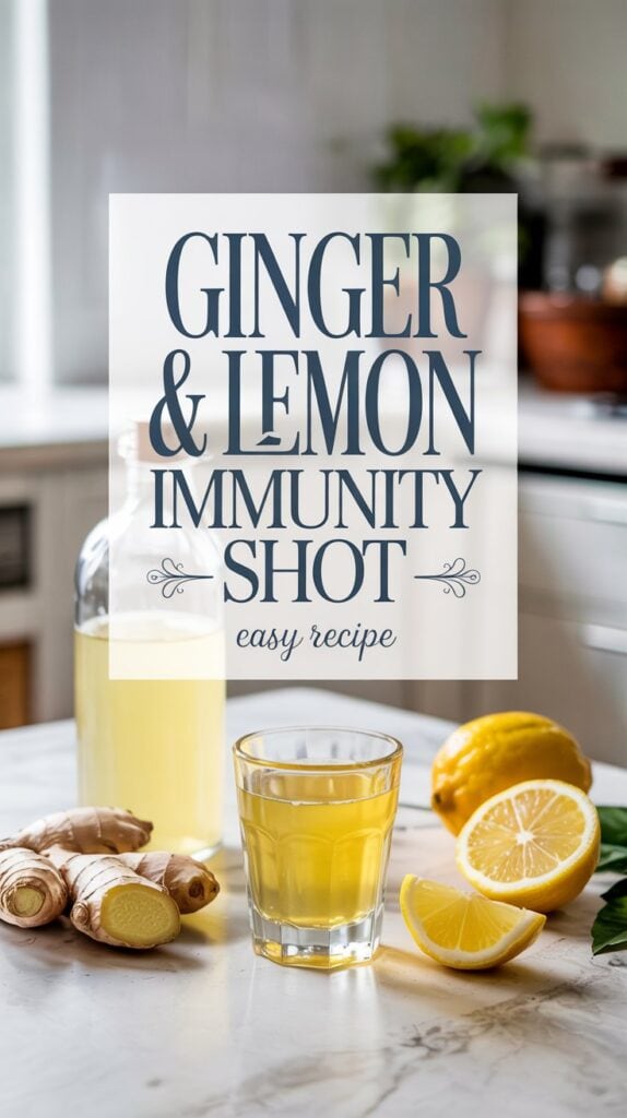 A glass of yellow ginger and lemon immunity shot sits on a kitchen counter, surrounded by fresh ginger root and lemon halves. Text overlay reads: Ginger & Lemon Immunity Shot – easy immunity shots recipe.