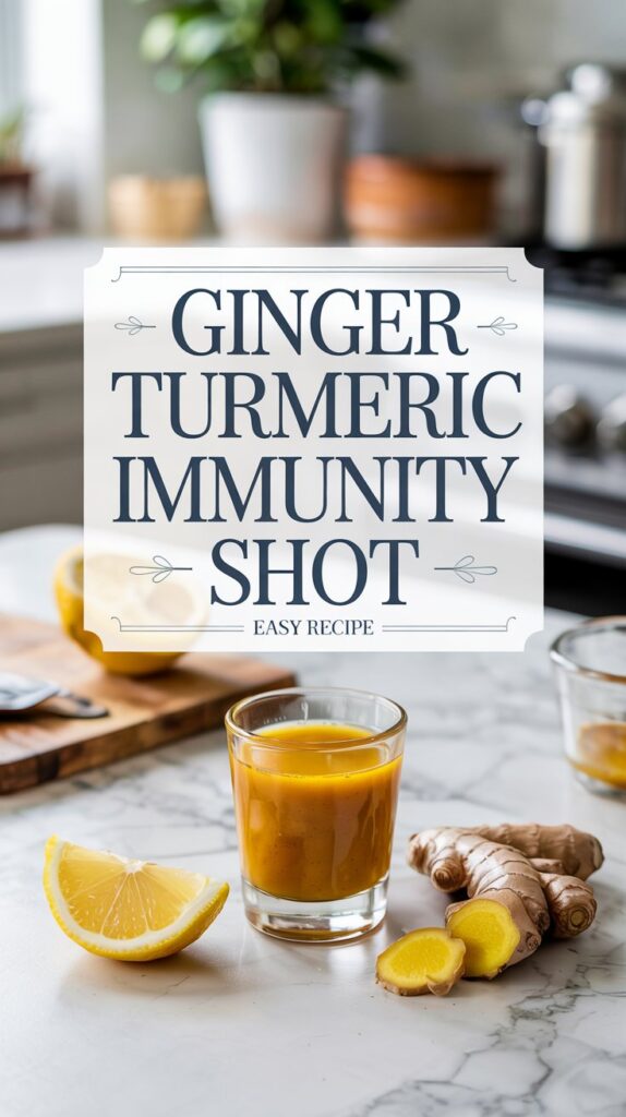 A glass of ginger turmeric immunity shot sits on a marble counter beside fresh ginger, lemon, and a sliced lemon. Text overlay reads: Ginger Turmeric Immunity Shot - Easy Recipe. Perfect for those who love homemade immunity shots.