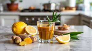 A glass of yellow juice, labeled as Ginger Turmeric Immunity Shots, sits on a kitchen counter garnished with a green leaf, surrounded by fresh ginger, turmeric, and lemon with a blurred stove and kitchen items in the background.