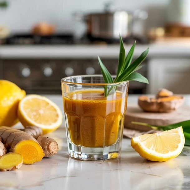 A glass of yellow juice, labeled as Ginger Turmeric Immunity Shots, sits on a kitchen counter garnished with a green leaf, surrounded by fresh ginger, turmeric, and lemon with a blurred stove and kitchen items in the background.