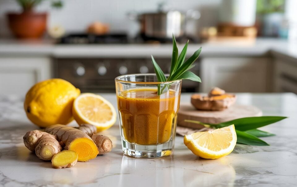 A glass of yellow juice, labeled as Ginger Turmeric Immunity Shots, sits on a kitchen counter garnished with a green leaf, surrounded by fresh ginger, turmeric, and lemon with a blurred stove and kitchen items in the background.