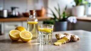 A glass and a bottle of water with lemon slices sit on a kitchen counter, next to halved lemons and pieces of fresh ginger—ingredients often used in ginger lemon immunity shots. Green plants and kitchen items are blurred in the background.