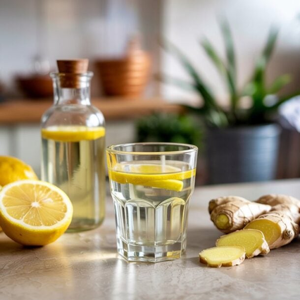 A glass and a bottle of water with lemon slices sit on a kitchen counter, next to halved lemons and pieces of fresh ginger—ingredients often used in ginger lemon immunity shots. Green plants and kitchen items are blurred in the background.