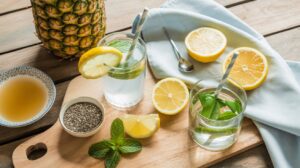 Two glasses of Glowy Skin Mocktail with mint, lemon slices, and striped straws on a wooden board, surrounded by lemon halves, chia seeds, fresh pineapple, and a bowl of juice—your viral drink for brighter skin.