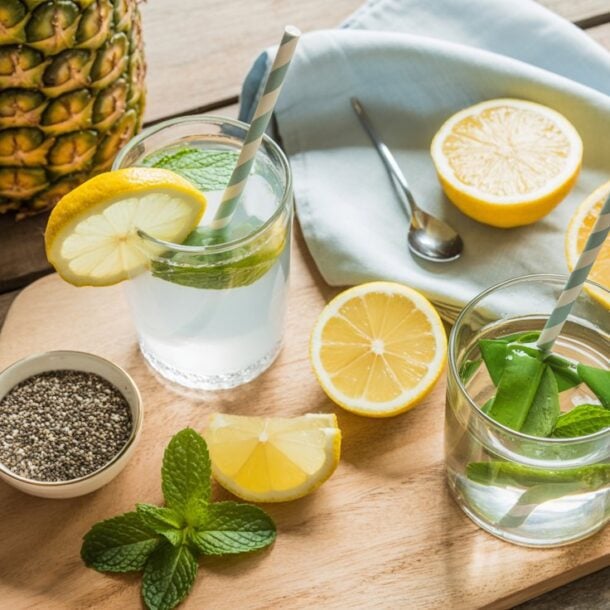 Two glasses of Glowy Skin Mocktail with mint, lemon slices, and striped straws on a wooden board, surrounded by lemon halves, chia seeds, fresh pineapple, and a bowl of juice—your viral drink for brighter skin.