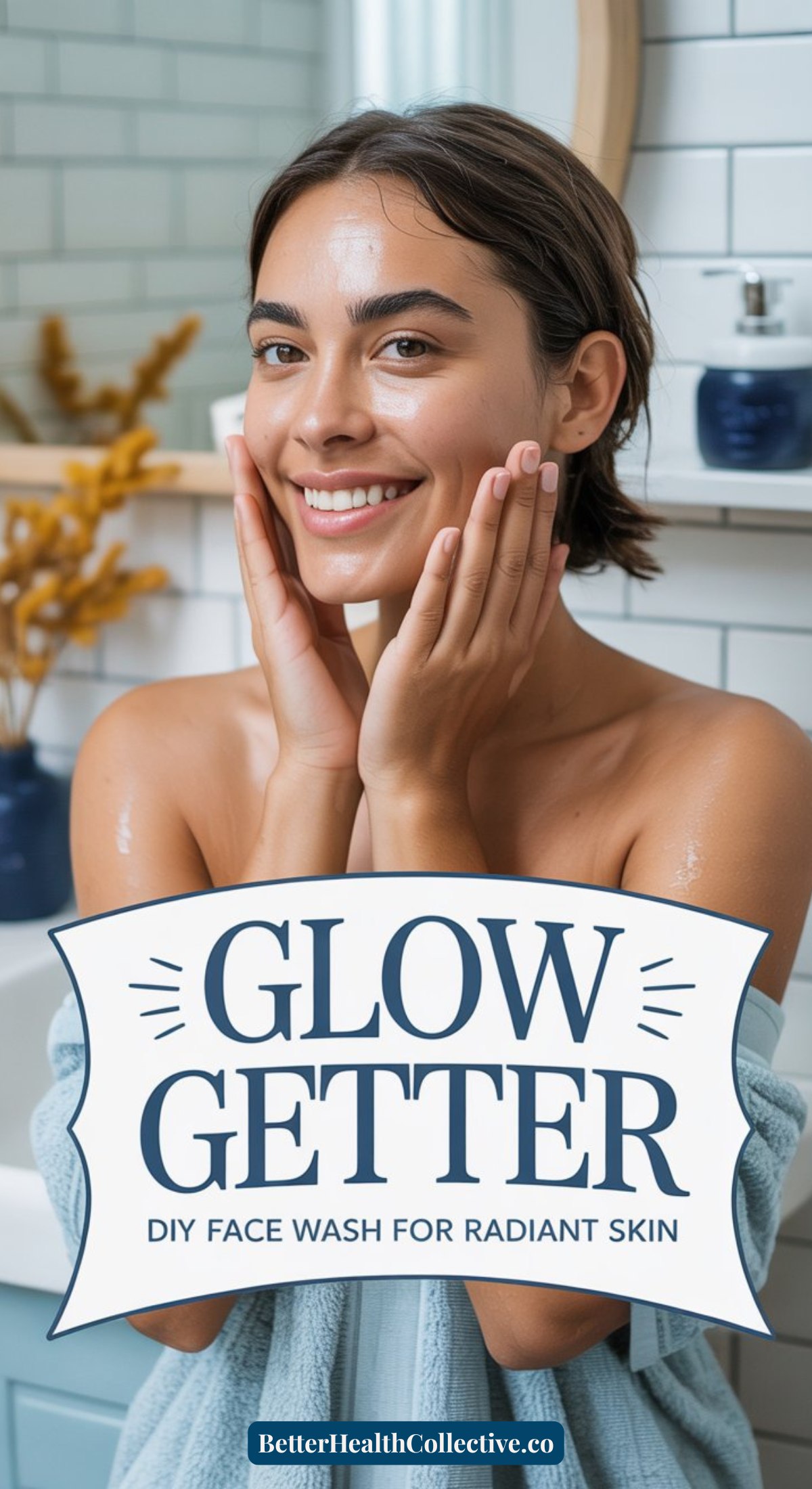 This homemade face wash is the secret to clear glowing skin using affordable natural ingredients. Raw honey, aloe, and vitamin E combine to cleanse, hydrate, and brighten for that fresh, dewy glow. A perfect option if you’ve been hunting for home remedies for glowing skin or natural ways to get radiant, glowy skin without harsh chemicals.In this image, a smiling woman with glowing skin touches her face in a bathroom,