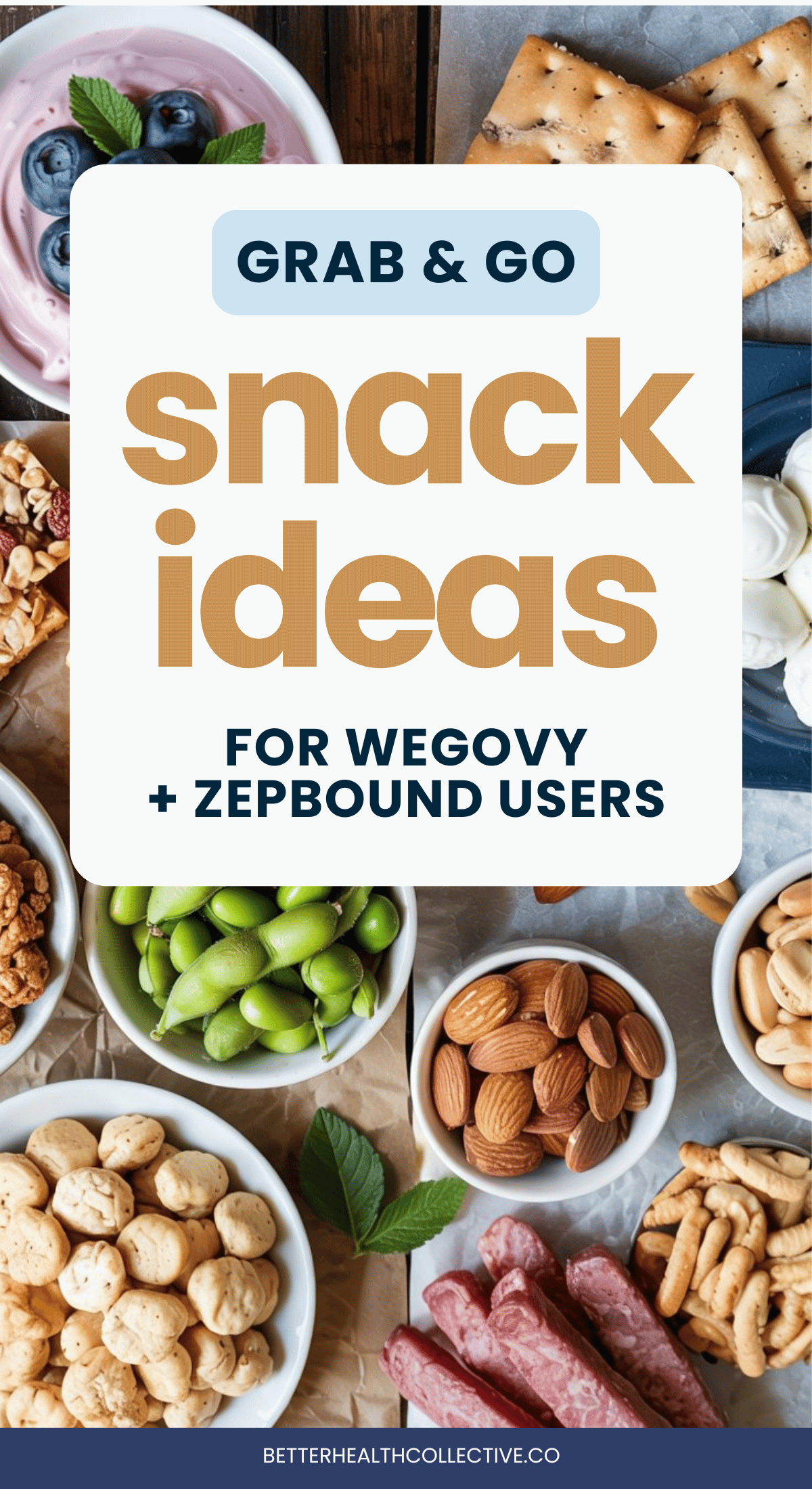 A variety of healthy grab-and-go snacks, including crackers, yogurt with blueberries, edamame, nuts, cheese, and meats, surround a sign that reads Grab & Go Snack Ideas for GLP-1 medications users.