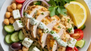 A high-protein bowl of sliced Greek chicken breast on quinoa, surrounded by cucumber, cherry tomatoes, red onion, chickpeas, olives, feta cheese cubes, and a lemon wedge, garnished with parsley and drizzled with creamy dressing.