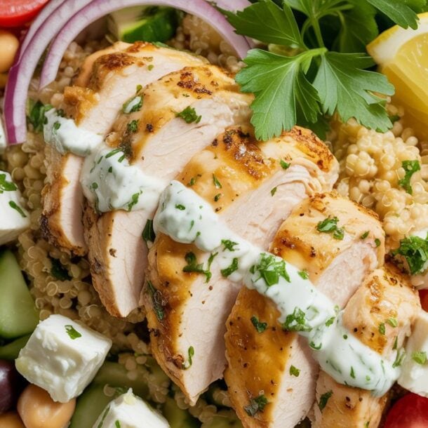 A high-protein bowl of sliced Greek chicken breast on quinoa, surrounded by cucumber, cherry tomatoes, red onion, chickpeas, olives, feta cheese cubes, and a lemon wedge, garnished with parsley and drizzled with creamy dressing.