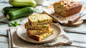 Three slices of Greek yogurt zucchini bread are stacked on a plate, with a whole loaf and fresh zucchinis in the background on a rustic wooden table. The bread looks moist, with visible zucchini slices.