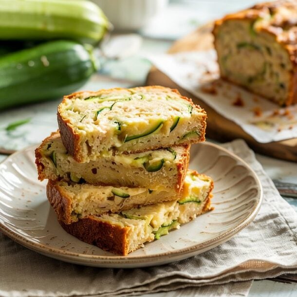 Three slices of Greek yogurt zucchini bread are stacked on a plate, with a whole loaf and fresh zucchinis in the background on a rustic wooden table. The bread looks moist, with visible zucchini slices.